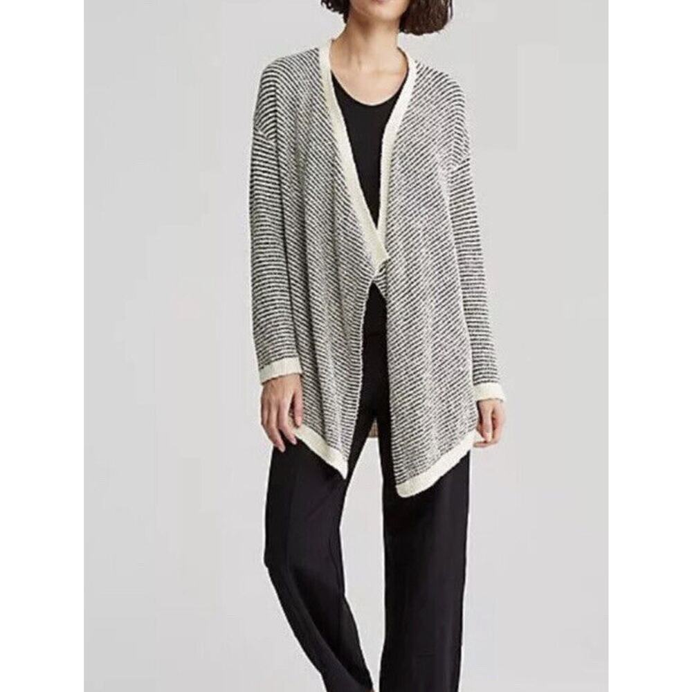 Eileen Fisher Boucle Cascading Cardigan Sweater Organic Cotton Stripes Size M